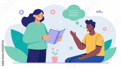 The facilitator introduces a short story written by a member who shares the theutic experience of putting their thoughts and feelings on paper and how it impacted their healing. Vector illustration