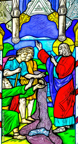 Obraz na płótnie Colorful Jesus Disciples Stained Glass St Joseph Cathedral Tianjin China w salonie