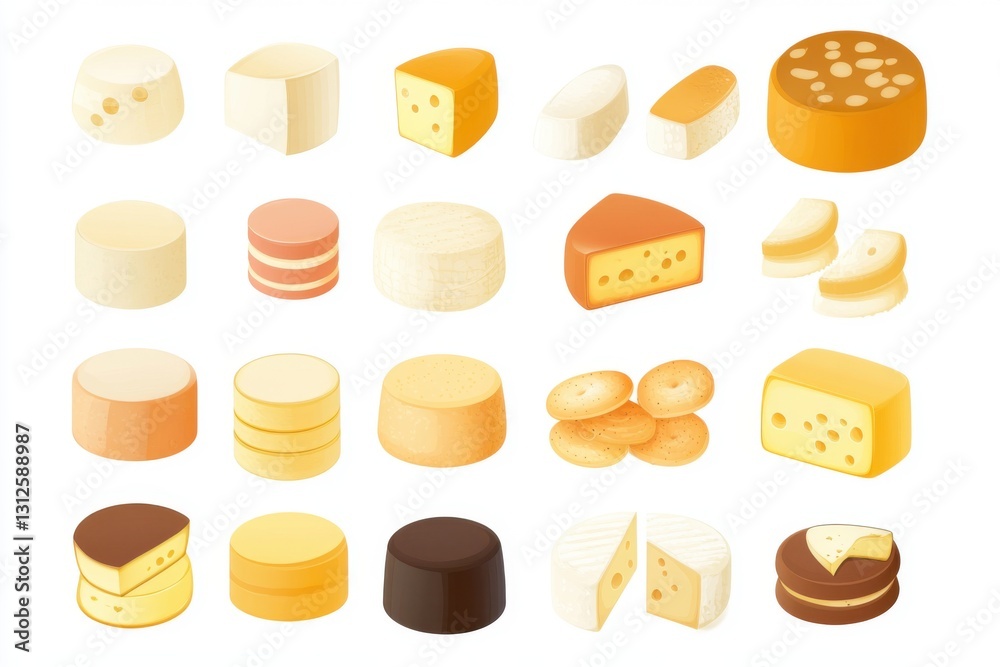 Set of cheese pieces with holes, herbs, and fruits on a white background Set of cheese pieces with holes, herbs, and fruits on a white background