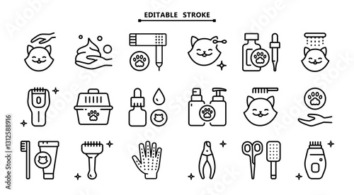 Pet grooming salon icons set. Editable stroke. Taking care of cats and dogs. Veterinarian services. Simple vector icons for ui and ux, website or mobile application
