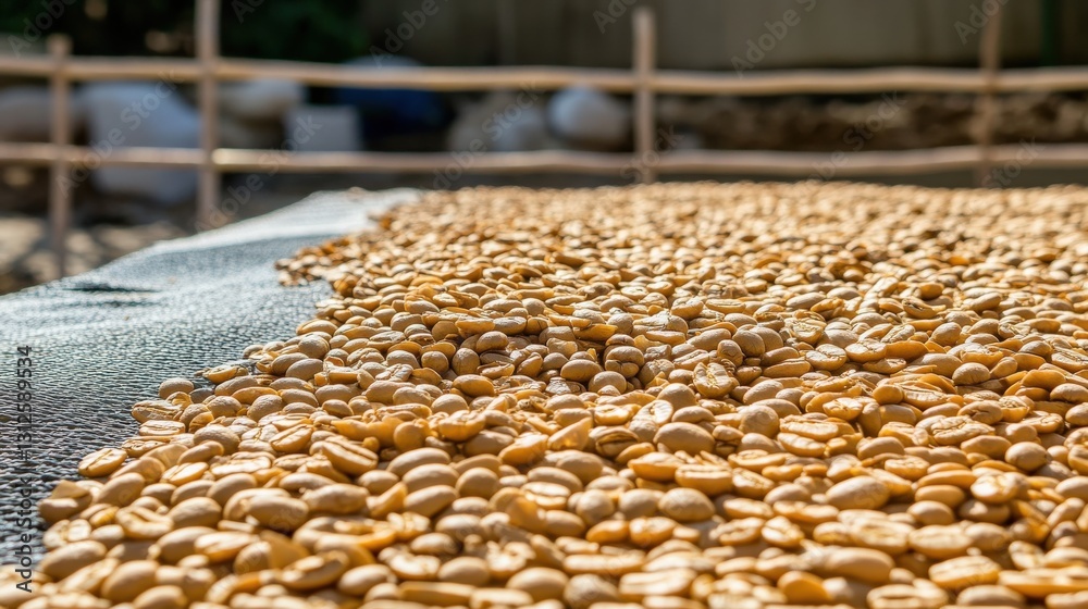 Obraz premium Sun-dried coffee beans spread out on a drying mat in a rural farm setting, with blurred background activity