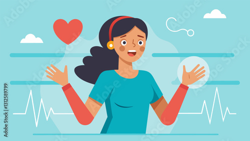 The woman is amazed at how quickly she can bring her heart rate and breathing under control with the help of biofeedback.. Vector illustration