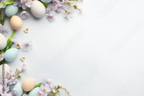 Flat lay Easter composition with colorful flowers, butterflies, and pastel eggs on a light background. Soft and bright spring design with copyspace, perfect for holiday greetings and creative projects photo