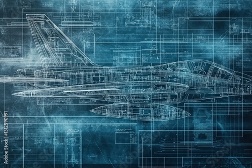 A detailed blueprint-style illustration of a military jet with intricate schematics layered over a blue engineering background, symbolizing advanced aeronautical design and innovation
