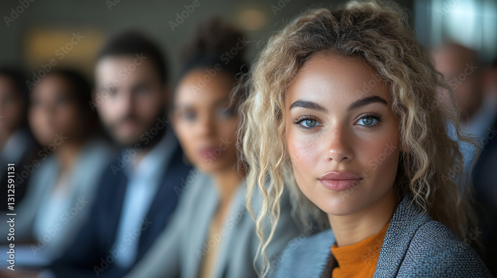 Fototapeta premium Woman with serious expression participating in a boring meeting highlighting professionalism and workplace challenges