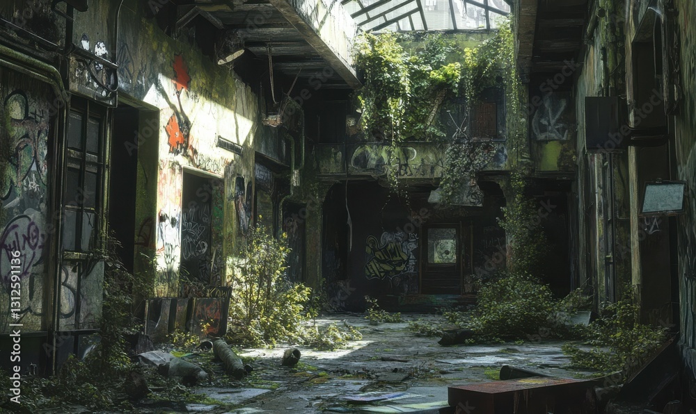 Abandoned industrial space overgrown with plants and graffiti. Abandoned industrial space overgrown with plants and graffiti.