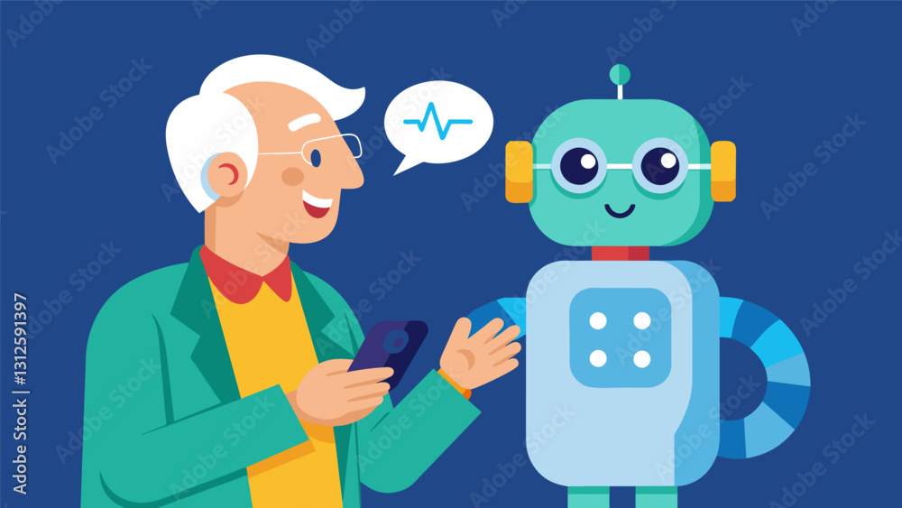An elderly man using a voicecommanded robot to remind him to take his medication at specific times of the day.. Vector illustration An elderly man using a voicecommanded robot to remind him to take his medication at specific times of the day.. Vector illustration