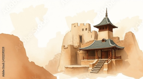 Elegant ancient Asian temple on rocky background in soft watercolor style with copy space
