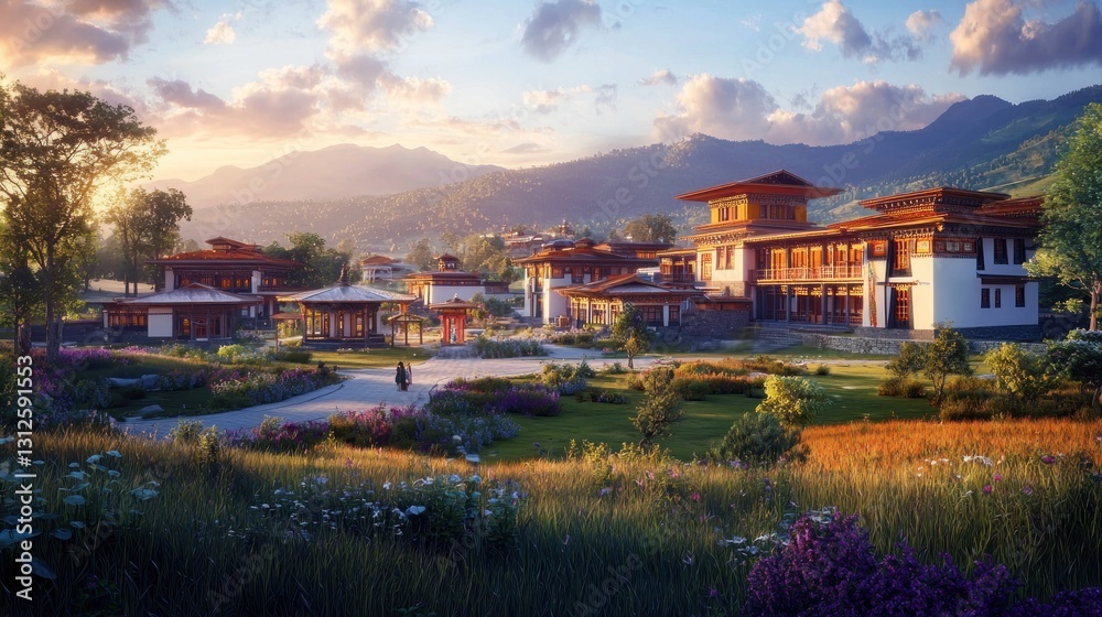 Bhutanese monastery complex at sunrise, tranquil gardens, scenic mountains