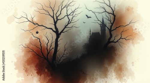 Mysterious dark castle silhouette among barren trees in moody watercolor background with copy space