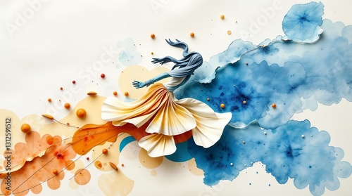 Artistic paper cut woman dancing joyfully in blue and orange watercolor background with copy space