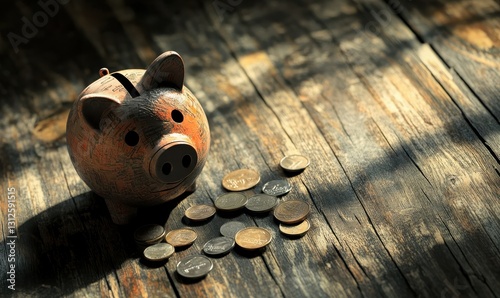 Abstract Concept of a Shrinking Piggy Bank Representing Financial Challenges and Economic Difficulties, Surrounded by Coins on a Wooden Surface