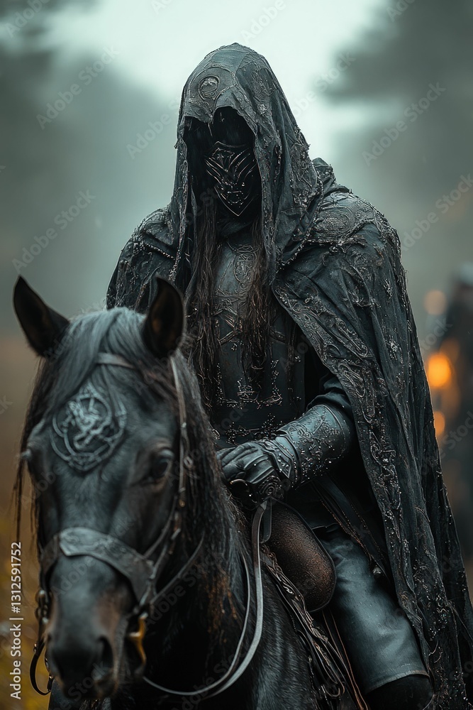 Mysterious hooded rider on black horse, dark fantasy scene. Mysterious hooded rider on black horse, dark fantasy scene.