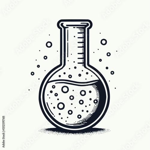 Vintage laboratory flask filled with bubbling liquid in detailed sketch style illustration
