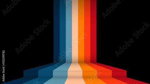 minimalistic vector illustration of colorful stripes in retro style. empty space at the bottom for text or product. podium stage template. banner or poster. black background