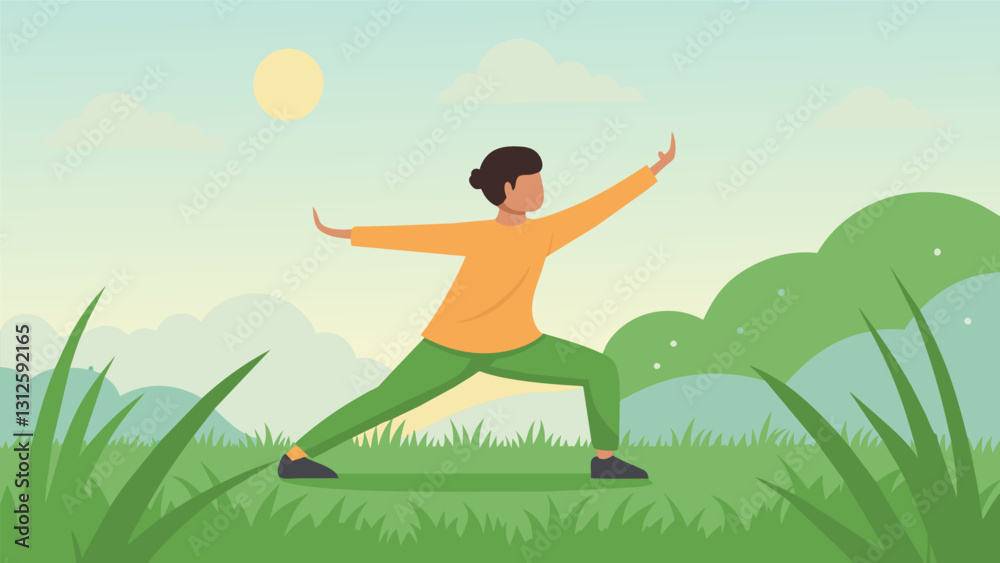 This morning ritual of practicing Tai Chi in the dewy grass sets the tone for a calm and mindful day ahead.. Vector illustration This morning ritual of practicing Tai Chi in the dewy grass sets the tone for a calm and mindful day ahead.. Vector illustration
