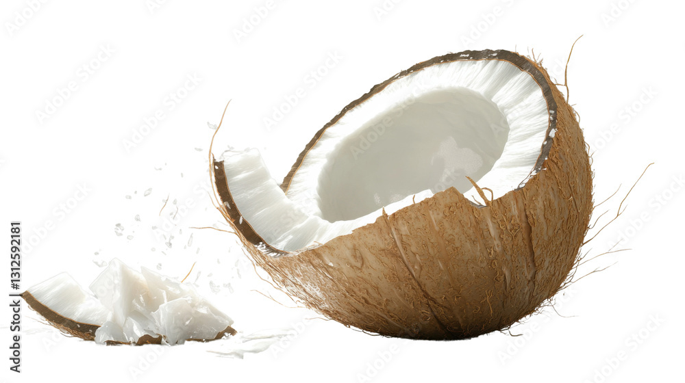 Broken coconut splashing with coconut milk on transparent background Broken coconut splashing with coconut milk on transparent background