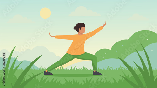 This morning ritual of practicing Tai Chi in the dewy grass sets the tone for a calm and mindful day ahead.. Vector illustration