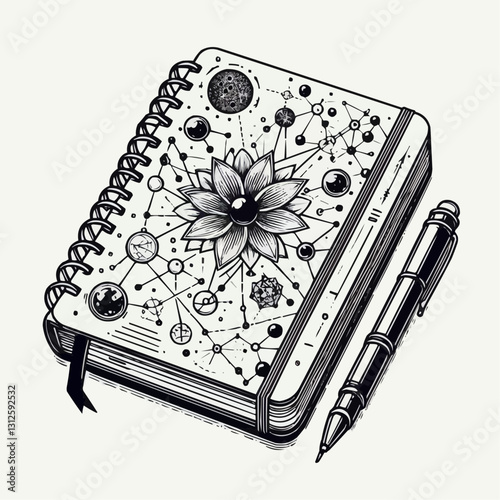 Artistic notebook with celestial design, pen, and floral patterns in black and white