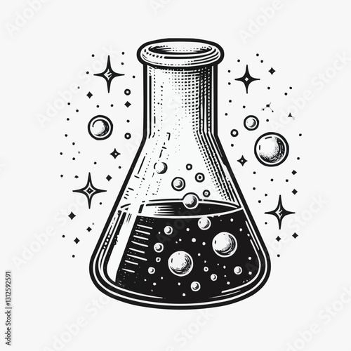 Laboratory flask filled with liquid, scientific illustration with bubbles in black and white