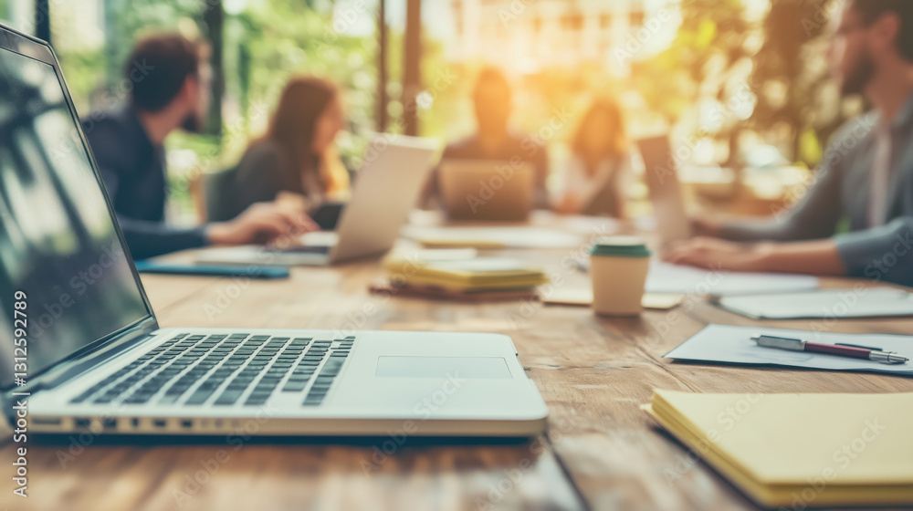 Fototapeta premium Well-Lit Meeting Table with Business Materials like Laptop and Notepads, Group of Professionals in Blurred Background Having Business Discussion, Focus on Table, Soft-Focus on People
