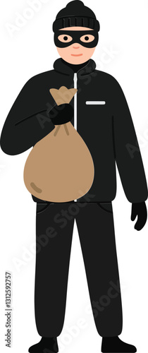 A cartoon-style thief wearing a black outfit holding a sack of stolen goods in a flat vector illustration