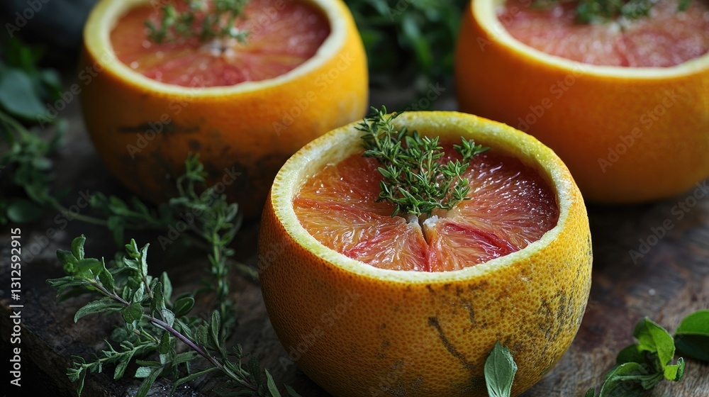 Freshly Cut Orange Cups with Thyme Garnish on Wooden Surface Surrounded by Green Herbs Freshly Cut Orange Cups with Thyme Garnish on Wooden Surface Surrounded by Green Herbs