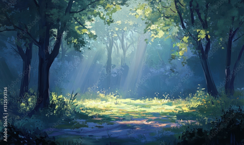 Obraz premium Sunlight filters through trees in a serene forest scene.