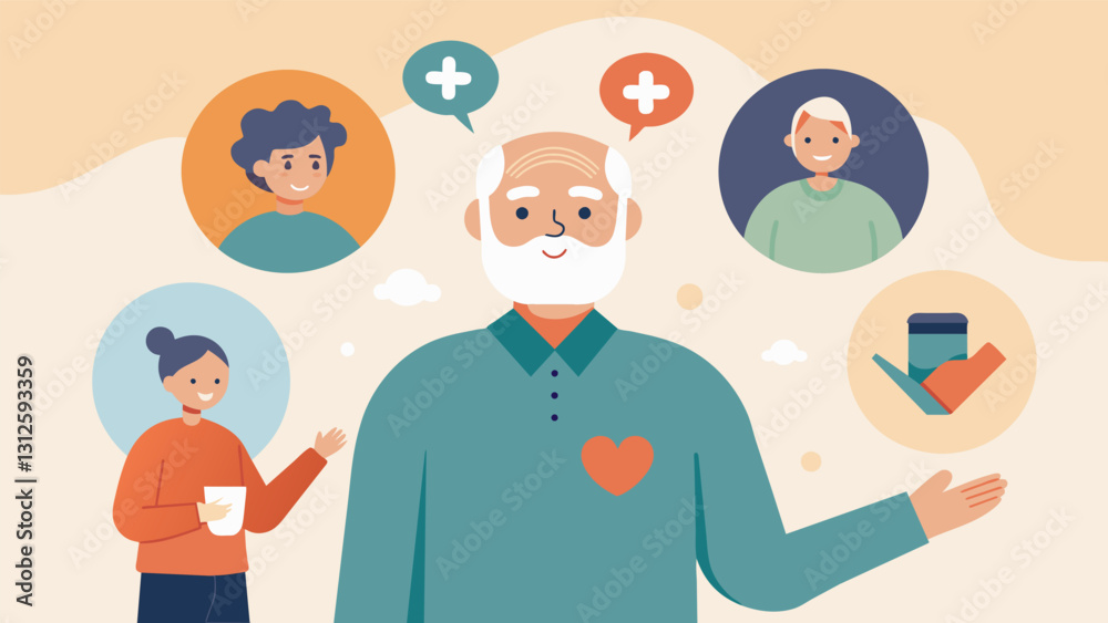 Fototapeta premium An elderly man sharing his personal experiences with mental health challenges inspiring and educating caregivers on the importance of mental health first aid for seniors.. Vector illustration