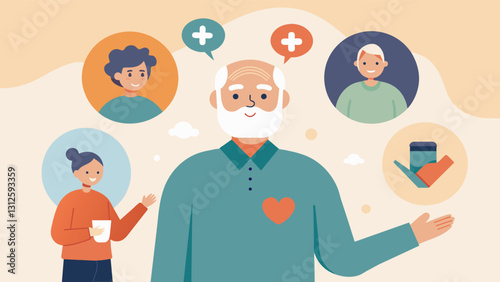 An elderly man sharing his personal experiences with mental health challenges inspiring and educating caregivers on the importance of mental health first aid for seniors.. Vector illustration
