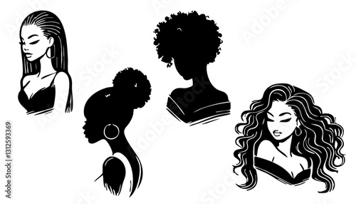 Vector silhouette illustration of a black girls with beauty hair