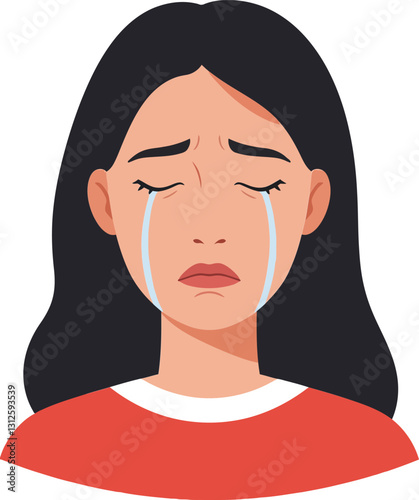 A young woman with long dark hair and tears streaming down her face, expressing sadness in a flat vector illustration