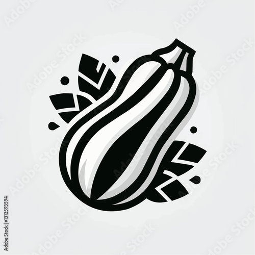 Stylized black and white zucchini illustration surrounded by leaves
