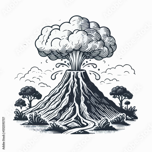 Dramatic black and white illustration of erupting volcano with clouds