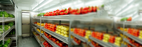 A modern refrigerator with an open door, showcasing organized food storage, including fresh tomatoes. The clean and cool design highlights efficient refrigeration and food preservation