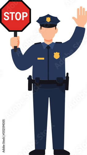 Police officer in uniform holding a stop sign with a raised hand in flat vector art style conveying authority and safety