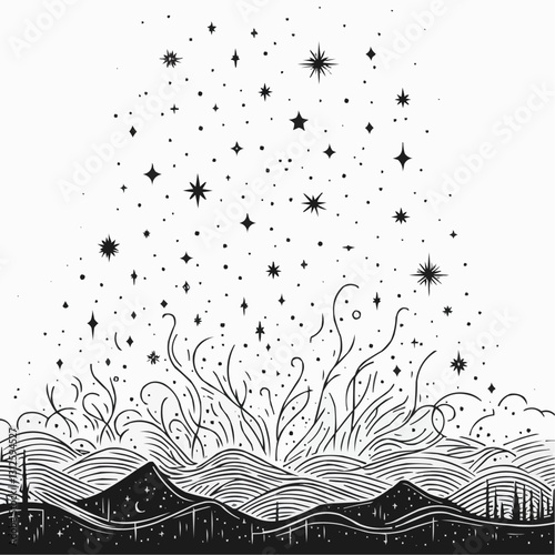 Artistic black and white illustration of a starry night sky with mountains