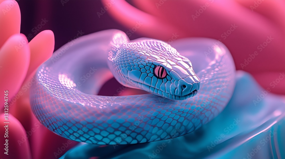 Fototapeta premium A Futuristic Albino Snake with Iridescent Scales in a Neon Pink and Blue Cyberpunk Environment for Sci-Fi, Exotic Pets, and Digital Art Concepts