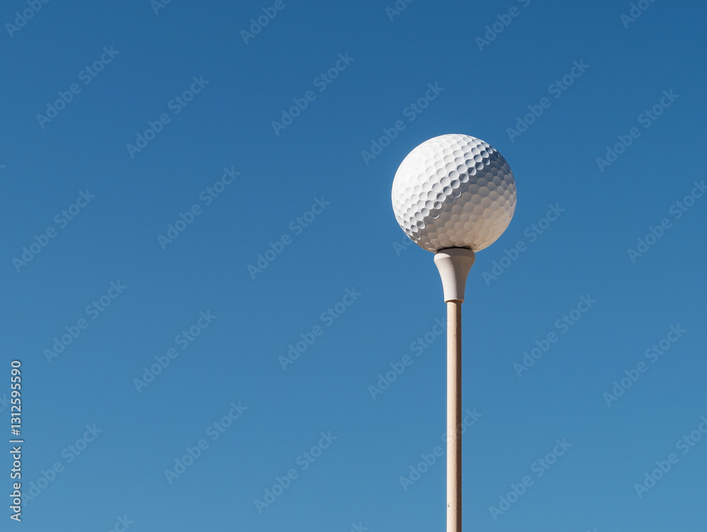 Golf ball perched atop a pole against a clear blue sky during a sunny day Golf ball perched atop a pole against a clear blue sky during a sunny day