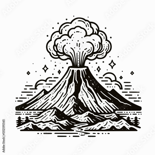 Stylized black and white illustration of a volcanic eruption with clouds and stars