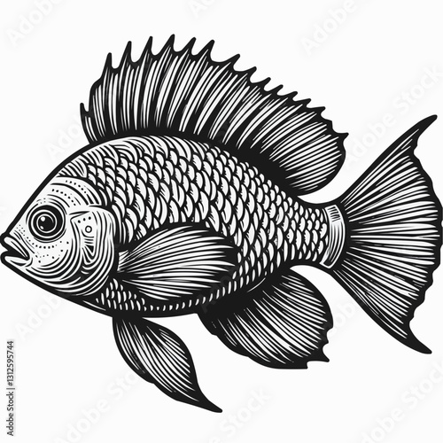 Detailed black and white illustration of a tilapia fish swimming