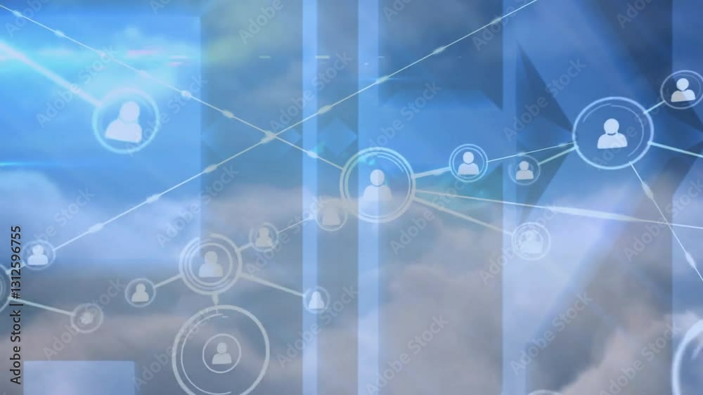 Network of connections and data processing animation over cloudy sky background Network of connections and data processing animation over cloudy sky background