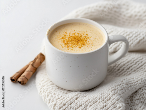 Warm cup of hot drink resting on a textured surface with cinnamon sticks nearby on a cozy afternoon