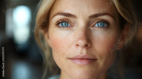 Close up of confident middle aged blond woman with blue eyes showing facial wrinkles