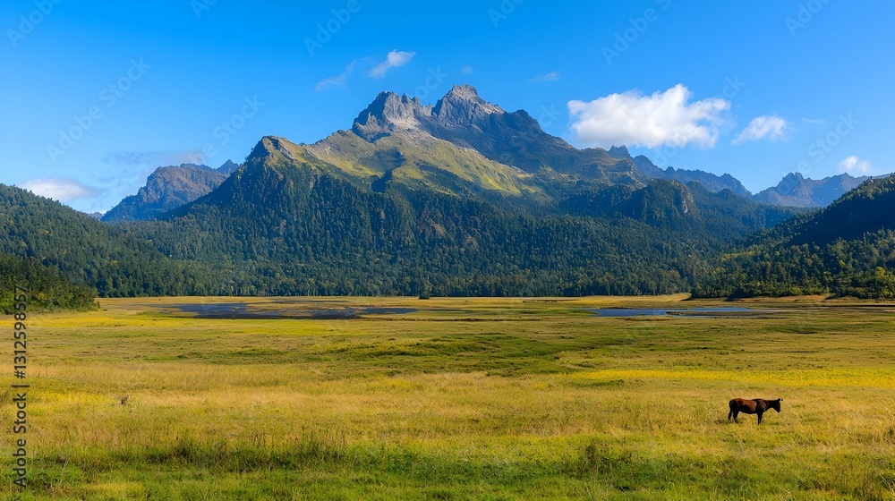 Fototapeta premium Brown Horse Grazing in a Lush Green Field with Mountain Background