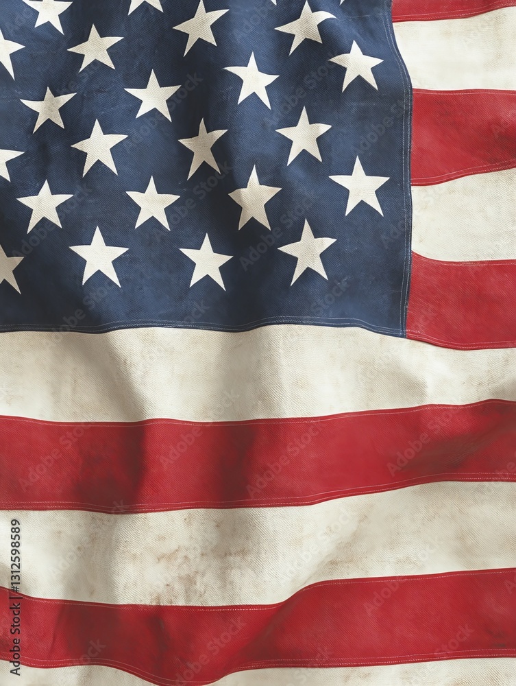 Fototapeta premium American Flag Draped in Glory - A weathered American flag, symbolizing patriotism, history, freedom, unity, and national pride. A powerful evoking a sense of national identity