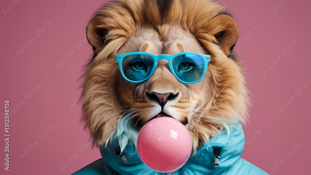 Fototapeta premium Stylish lion poses with pink bubblegum against a vibrant pink background in a trendy jacket and sunglasses Generative AI