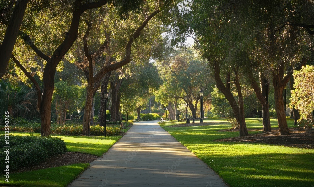 A serene tree-lined path illuminated by soft sunlight. A serene tree-lined path illuminated by soft sunlight.