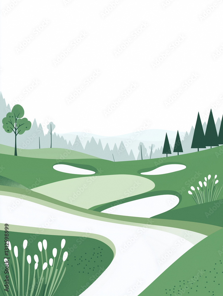 Obraz premium Natural golf landscape with winding path and greenery in a serene countryside setting
