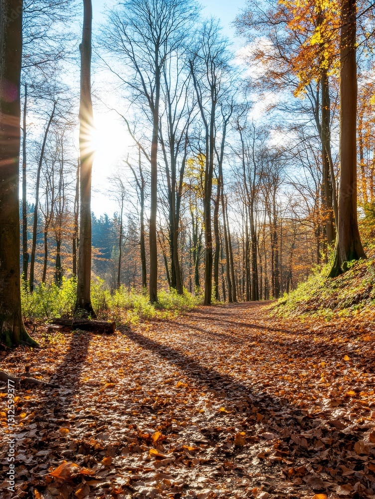 Obraz premium Autumnal Forest Path Sunlight - Serene autumn forest scene, sunlight filtering through bare trees, fallen leaves covering path, symbolizing peace, tranquility, nature's cycle, warmth, and transition